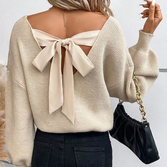 Apricot Casual Womens Back Strap Lantern Sleeve Sweater - Picture 2 of 5